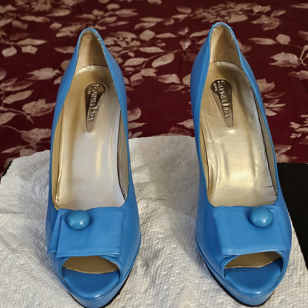 European Blue Peep-Toe Heels with Decorative Button Detail